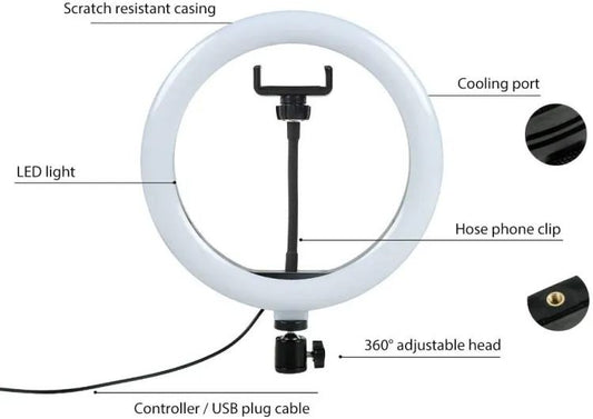 26 CM selfie LED Ring Light With Ball Head Mobile Holder 3 Colour Brightness with Dimm full option